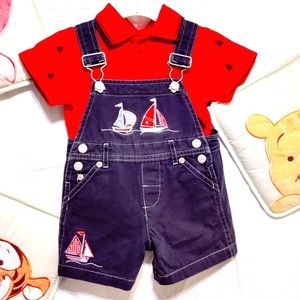 MiniWear Vintage Overall Shorts & Polo Shirt Nautical Red & Blue Sz. 3-6 mos